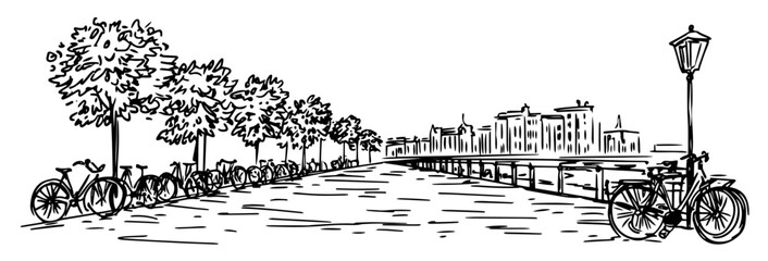 Obraz premium street in Amsterdam with canals and rows of colorful bicycles doodle hatching vector sketch