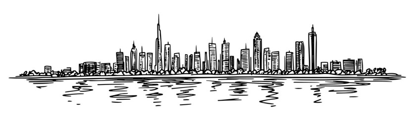 skyline of Dubai with reflections in the water doodle hatching vector sketch © Kaz