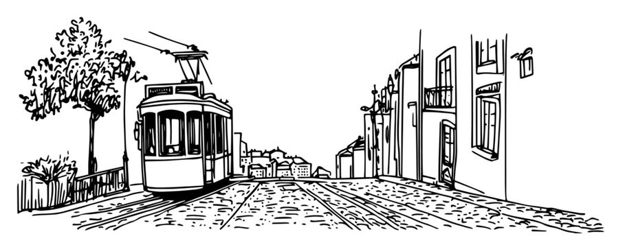 view from a tram on the cobbled streets of Lisbon doodle hatching vector sketch