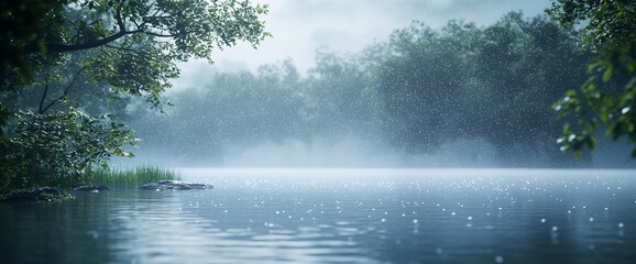 Fototapeta premium Rainy lake scene with misty forest background.