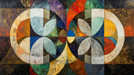 Fototapeta premium Abstract painting; colorful geometric shapes; textured surface.