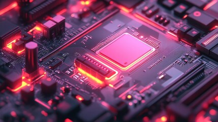 Close-up of an illuminated circuit board, featuring a prominent microprocessor, with glowing red LED lights and intricate electronic components in a technology setting