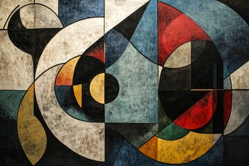 Fototapeta premium Abstract geometric painting; muted colors, curved lines.