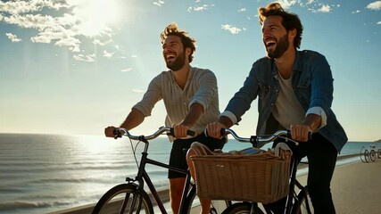Two friends enjoy a joyful biking experience along the beach during a sunny day at sunset