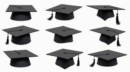 Close-up of different graduation caps displayed in various angles, highlighting the vibrant black colors and unique features, isolated on a transparent background for a clean presentation.