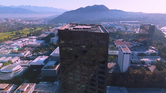 Flying over the Comcast Nbc universal skyscraper in 4k