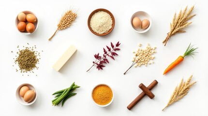 A collection of Lenten foods and symbols, including simple meals, grains, and religious icons, with serene backgrounds, isolated on a white background