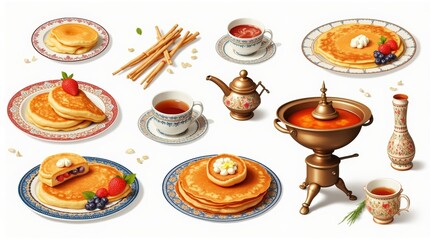 A collection of traditional Maslenitsa pancakes and festivities, including samovars and folk decorations, with vibrant backgrounds, isolated on a white background