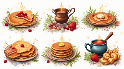 A collection of traditional Maslenitsa pancakes and festivities, including samovars and folk decorations, with vibrant backgrounds, isolated on a white background