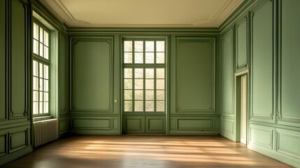 Obraz premium 格調高い緑の壁と大きな窓のあるクラシックな広間