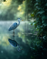 Naklejka premium Elegant Blue Heron in a Tranquil Forest Wetland, Reflecting on Still Water, Ideal for Wildlife Photography, Nature Art, Conservation Themes, Zen Decor, and Serene Landscape Designs