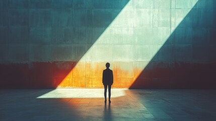 Silhouette of a Person Standing in a Modern Architectural Space with Sunlight Creating Dramatic Lines and Contrasting Shadows on a Concrete Background