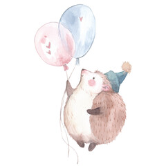Watercolor illustration of a cute hedgehog flying on balloons on a transparent background