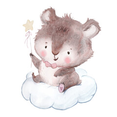Watercolor illustration of a cute little bear sitting on a cloud on a transparent background