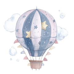 Watercolor illustration of a hot air balloon in a childish style on a transparent background