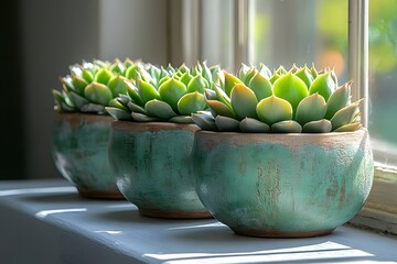 Three succulents in teal pots on a windowsill, bathed in sunlight.