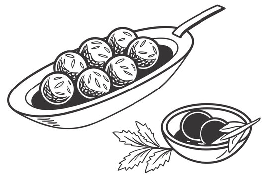 black and white food in serving dishes clip art preview