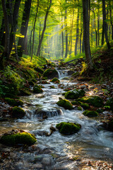 Tranquil Forest Stream: Nature's Serene Symphony Amid Lush Greenery and Sunlit Canopy