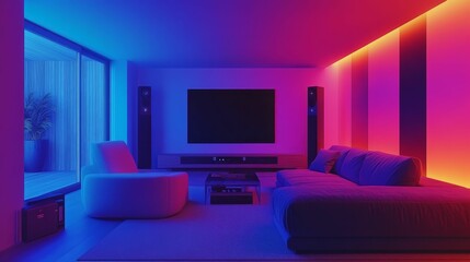 Modern media room, vibrant lighting, comfy seating.
