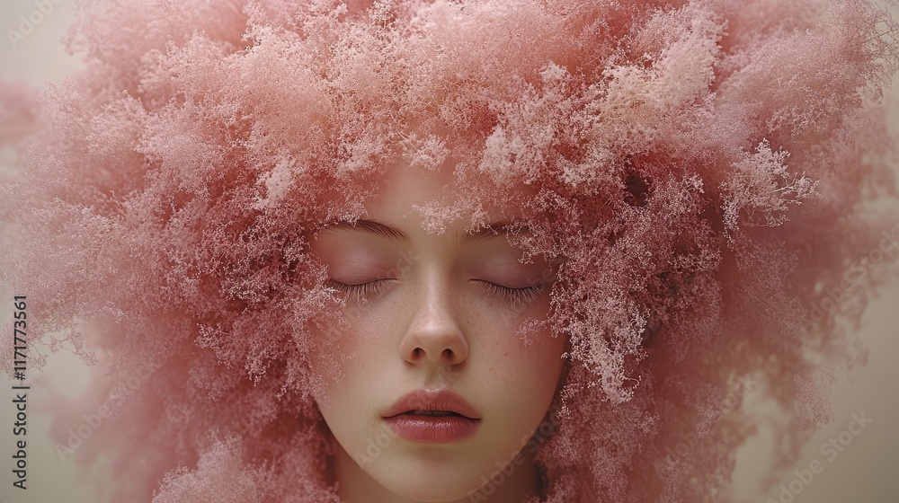 Wall mural Portrait of a Person with Unique Pink Hair Resembling Cotton Candy or Coral Structure, Eyes Closed in a Serene Expression, Surrounded by Intricate Details