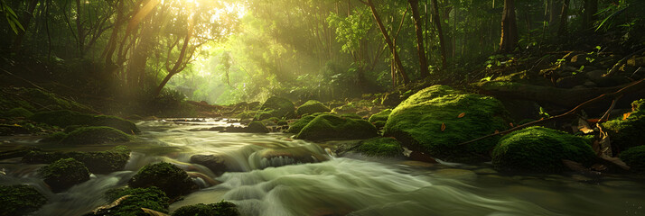 Tranquil Forest Stream: Nature's Serene Symphony Amid Lush Greenery and Sunlit Canopy