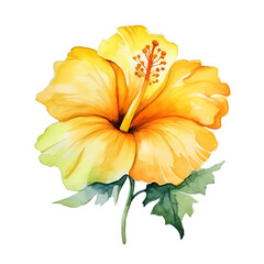 A Beautiful watercolored yellow hibiscus flower isolated on white background, png (Generative AI)