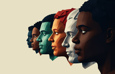 Empowered women and men of different races ,faces graphic illustration celebration day, group face portrait of diverse people together ,multiracial inclusion and diversity
