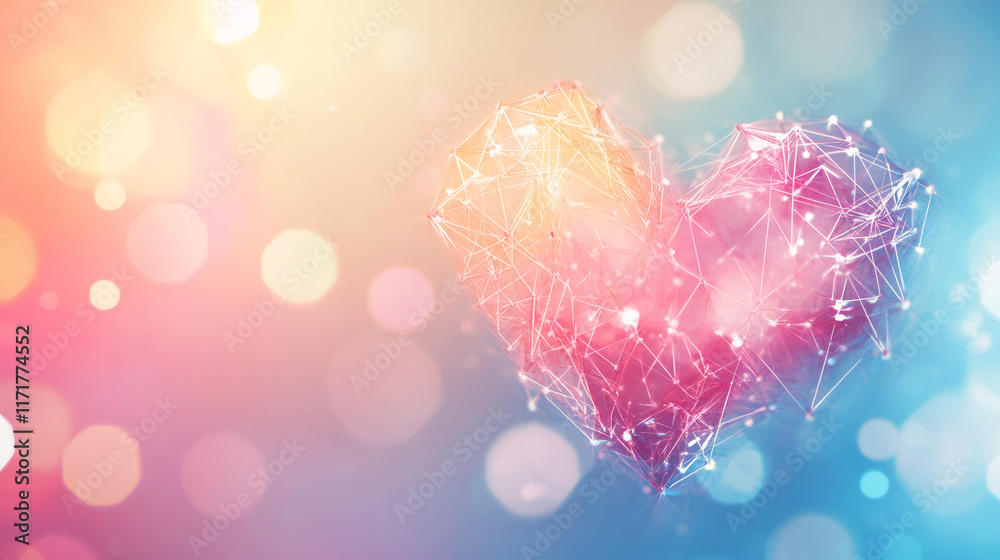 Poster Low poly heart shape floating on a colorful bokeh background, perfect for Valentine's Day projects