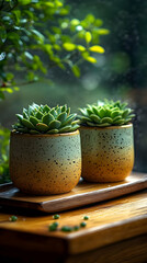 Two succulents in speckled pots on wooden tray, near window.