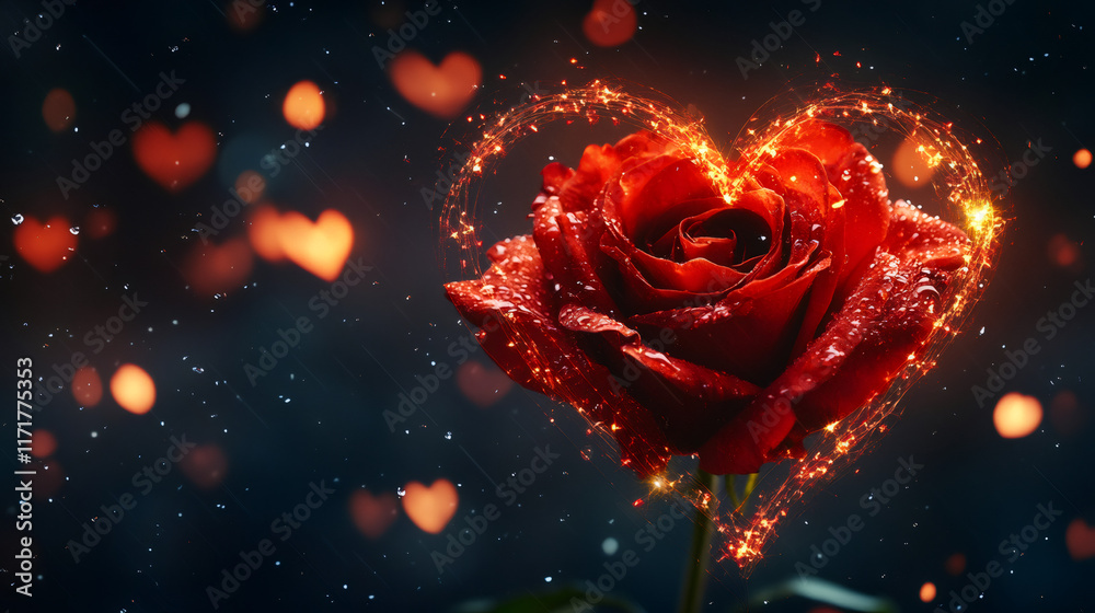 Aufkleber beautiful red rose with sparkling heart shape on a dark bokeh background with hearts for valentine's