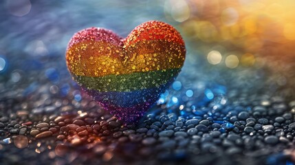 Obraz premium A rainbow-colored heart sits on wet pebbles, glistening with droplets. Concept of love and diversity. For greeting card design.
