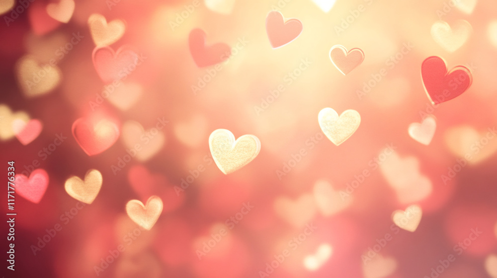 Aufkleber Red and gold hearts floating on a warm, romantic background, creating a perfect image for Valentine's Day projects