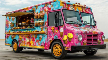Colorful ice cream truck parked outdoors, displaying various desserts and pastries.