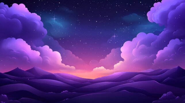 Dreamy purple sunset over rolling hills.
