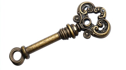 Ornate antique brass key isolated on white.