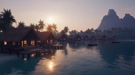Fototapeta premium Sunset over tropical overwater bungalows.