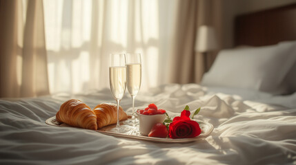 Luxurious Valentine's Day breakfast setup in a cozy hotel suite, romantic morning atmosphere with croissants, strawberries, and champagne, banner for hotel promotion