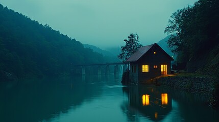 Fototapeta premium Serene Lakeside Cabin at Twilight