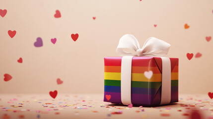 Fototapeta premium Vibrant LGBTQ+ rainbow gift box with heart confetti, pride celebrating valentine's day