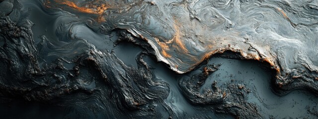 Dark slick patches on ocean surface reveal severe oil spills caused by industrial waste in coastal waters