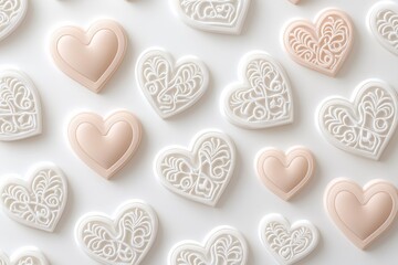 Fototapeta premium Valentine's Day background. Pattern of Intricate Lace Hearts with Elegant Details and Warm Glow. Free Space. Ideal for Romantic, Vintage, or Wedding Themes, Invitations, and Decorations. AI generated