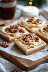 rustic carrot cake cut into wedges, topped with thick swirls of cream cheese frosting and sprinkled with chopped pecans, rich and moist texture visible, served on parchment paper over a wooden board