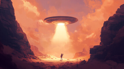 A campy, retro vintage 1970s science fiction b-movie film scene flying saucer over desert landscape alien abduction of person in UFO beam of light old-school sci-fi hoax fake news conspiracy theory