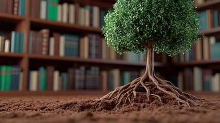 Tree with Book Roots in Library Setting