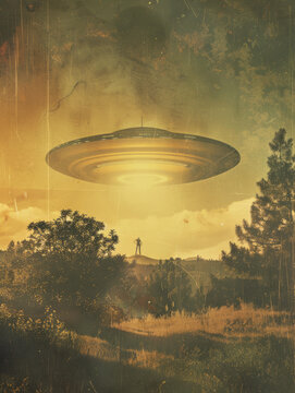 A campy, 1950s science fiction b-movie film scene flying saucer over desert landscape spotlight on terrified person shielding their eyes technicolor exaggerated lighting old-school sci-fi effect