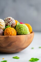 wooden bowl filled with a colorful assortment of energy balls, including matcha green, turmeric gold, chocolate brown, and coconut-coated varieties