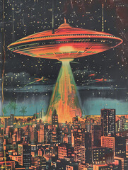 Retro vintage color photograph movie poster dramatic UFO flying saucer over a big city news style 1960s sci-fi science fiction alien invasion journalistic hoax conspiracy theory concepts