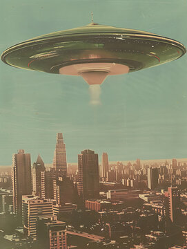 Retro vintage color photograph movie poster dramatic UFO flying saucer over a big city news style 1960s sci-fi science fiction alien invasion journalistic hoax conspiracy theory concepts
