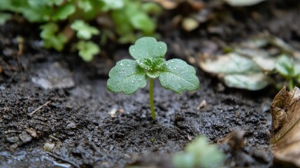 Small green sprout emerges from dark, wet soil.