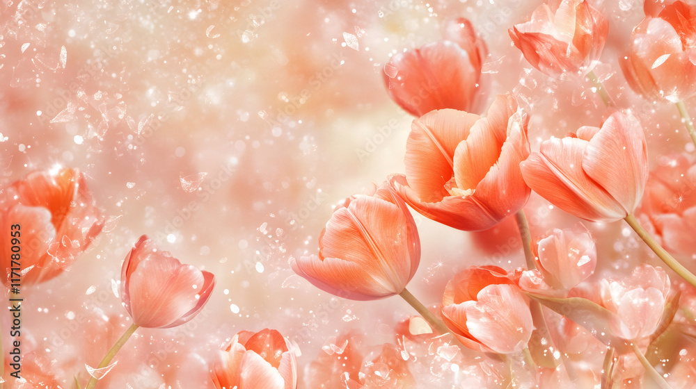 Poster Beautiful pink tulips floating on a delicate background with bokeh and light effects, perfect for Valentine's Day projects